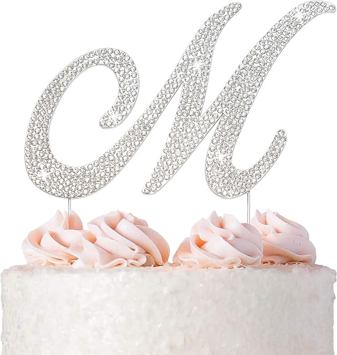 Letter M Cake Topper - Premium Silver Metal - M Monogram Wedding or Anniversary Party Sparkly Rhinestone Initial Decoration Makes a Great Centerpiece - Now Protected in a Box