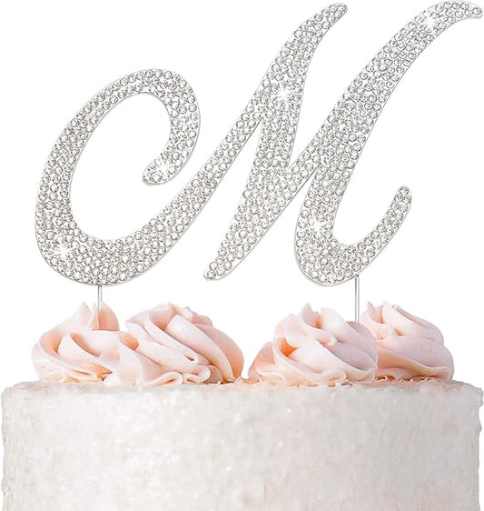Letter M Cake Topper - Premium Silver Metal - M Monogram Wedding or Anniversary Party Sparkly Rhinestone Initial Decoration Makes a Great Centerpiece - Now Protected in a Box