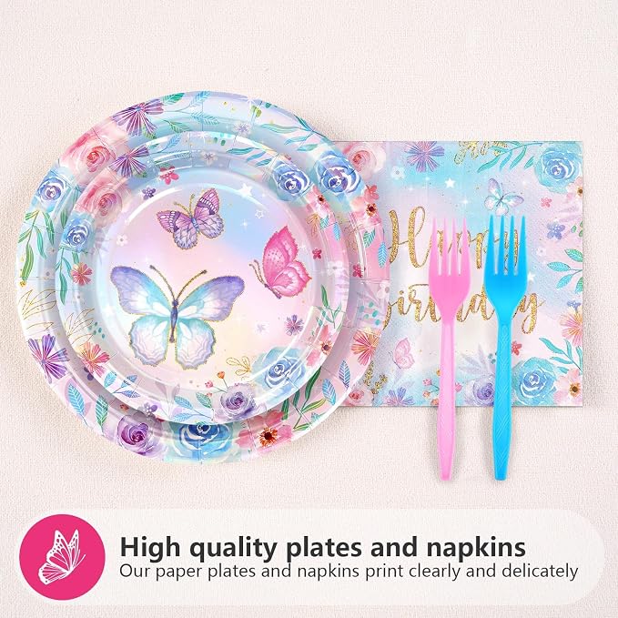 Greencian 96Pcs Butterfly 6th Birthday Party Decorations Butterflies Theme Disposable Sets for Girl Colorful Butterfly Plates, Napkins and Forks, 8 Years Old Birthday Party Supplies Serves 24