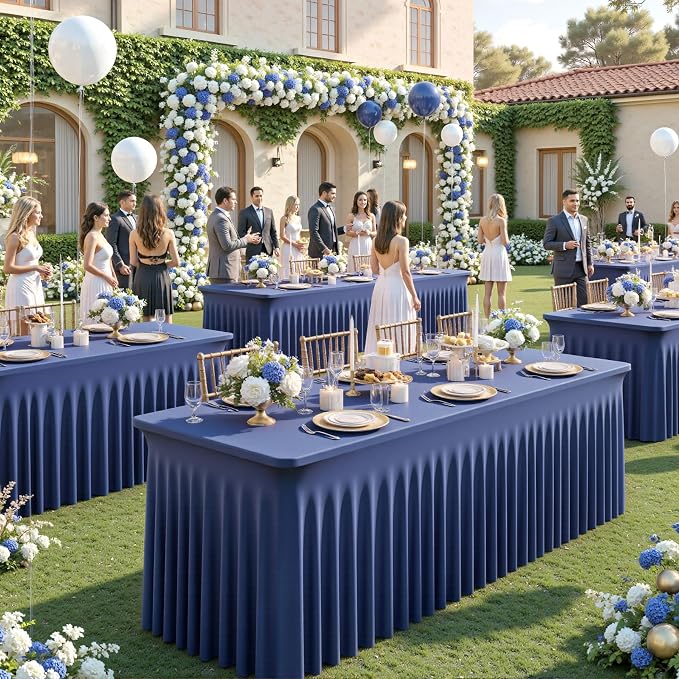 2 Pack Navy Blue Table Cloth for 8 Foot Rectangle Tables Spandex Fitted Tablecloth 8ft Stretch Table Covers Skirt Navy Blue Banquet Tablecloths Wrinkle Free Tablecloth for Party Wedding Birthday Event