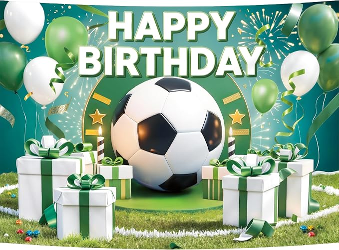 Football Birthday Backdrop 7Wx5H Feet Polyester Fabric Boys Kids Sports Theme Soccer Field Balloon Gifts Decoration Green Stadium for Adults Teens Photography Background Photo Shoot Props