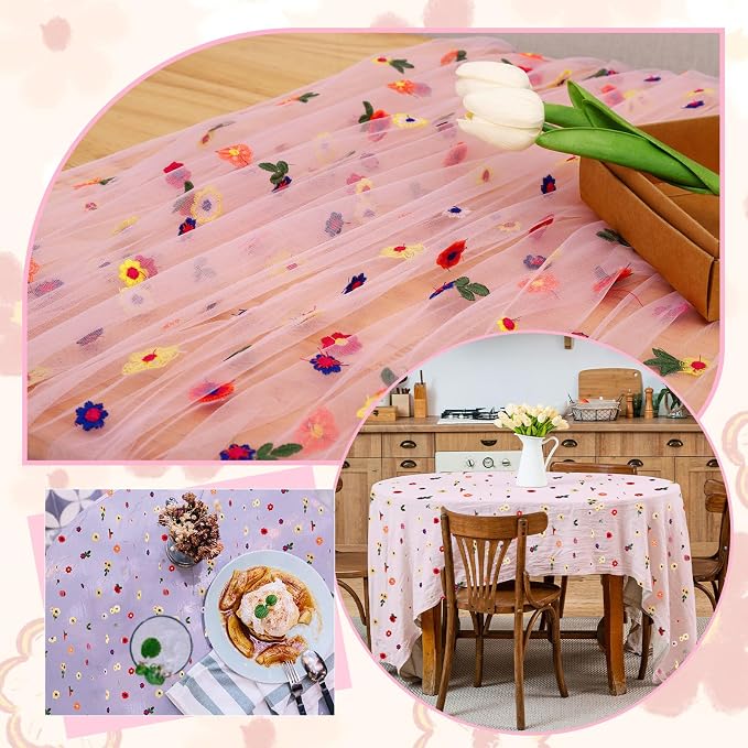 BINBE 1pcs Pink Daisy Spring Table Runner Embroidery Gauze 10FT Florals Seasonal Tulle Holiday Birthday Kitchen Dining Table Decor for Home Party