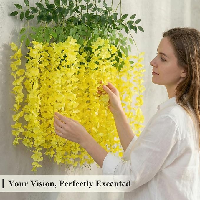 U'Artlines 24 Pack (Total 86.4 Feet) Artificial Fake Wisteria Vine Rattan Hanging Garland Silk Flowers String Home Party Wedding Decor (24,Yellow)