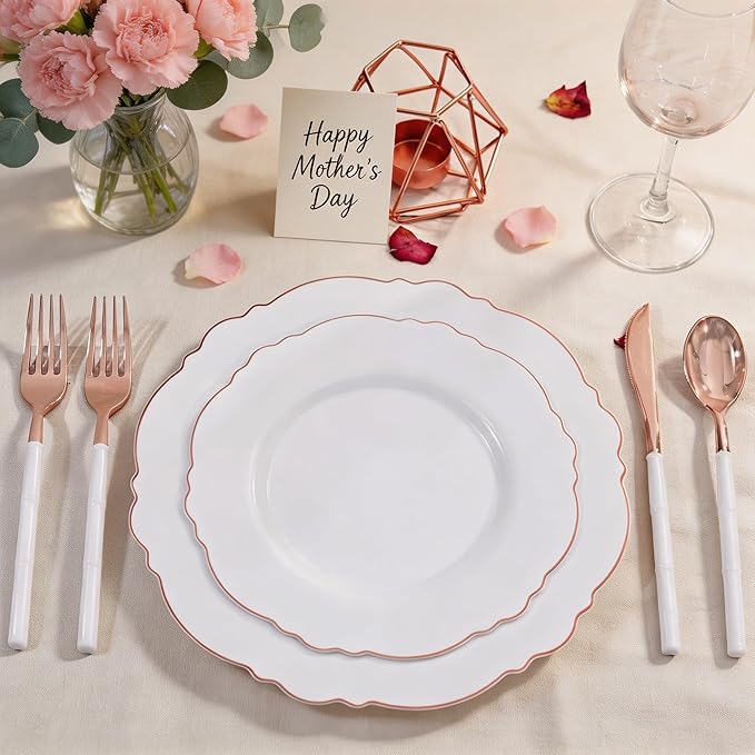 WDF 60pcs Rose Gold Plastic Plates-Baroque White &Rose Gold Disposable Plates including 30Plastic Dinner Plates 10.25inch, 30 Salad Plates 7.5inch for Wedding/Party/Birthday/Mother's Day