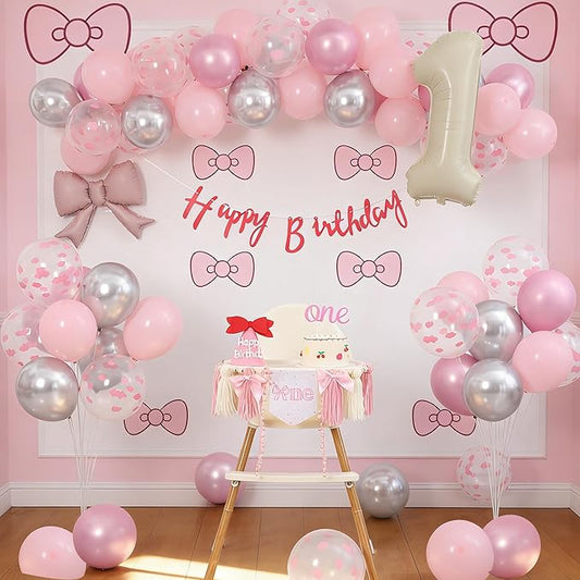 Pink Bow 1st Birthday High Chair Banner- Birthday Party Supplies for Baby Girl, Bow Themed Party Decor