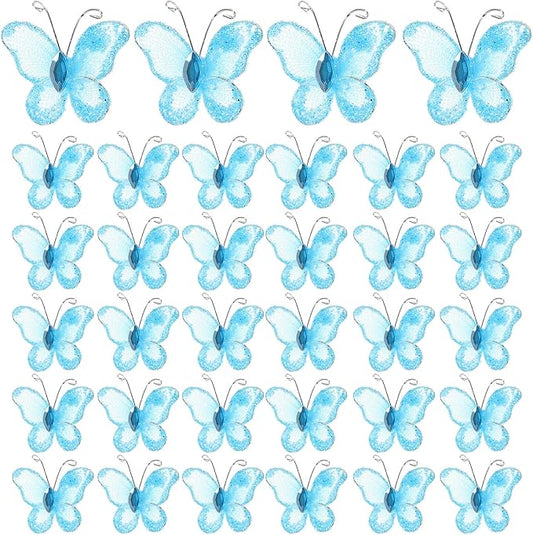 Beaupretty 50pcs Butterflies, DIY Craft Sheer Mesh Wire Glitter Butterfly with Gem for Wedding Home Decor Party (Sky- Blue)