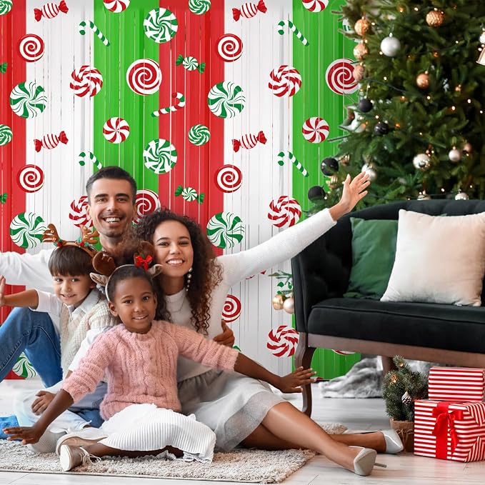 Blosssound 4 Packs Christmas Party Decorations 3.3 x 6.6 ft Candy Cane Theme Foil Fringe Curtain Xmas Holiday Tinsel Streamers for Xmas Winter Holiday Baby Shower Decoration(4 Packs, Christmas Candy)