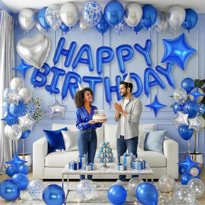 Blue Silver Birthday Decorations for Boys Dark Royal Navy Blue Metallic Silver Confetti Balloon Happy Birthday Banner 18/10 Inch Heart Foil Balloons Star Balloon for Men Bday Party Supplies