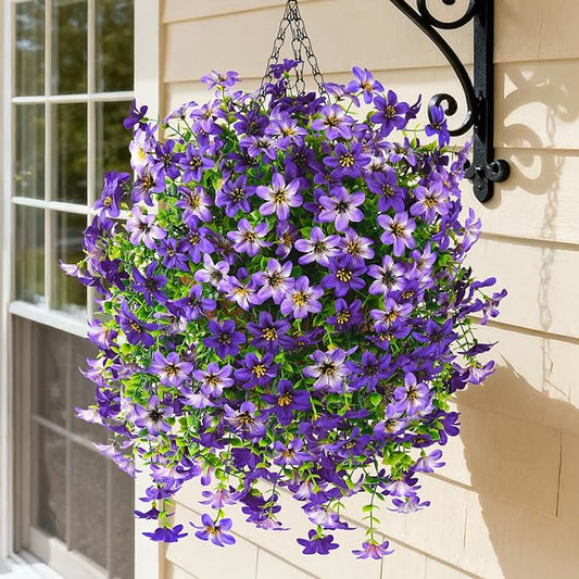 Artificial Faux Hanging Flowers Plants Baskets for Outdoors Fake 3 Bundles Silk in Planter UV Resistant for Porch Patio Balcony Garden Yard Home Decor (3Pcs Purple,1Pcs Hanging Basket)