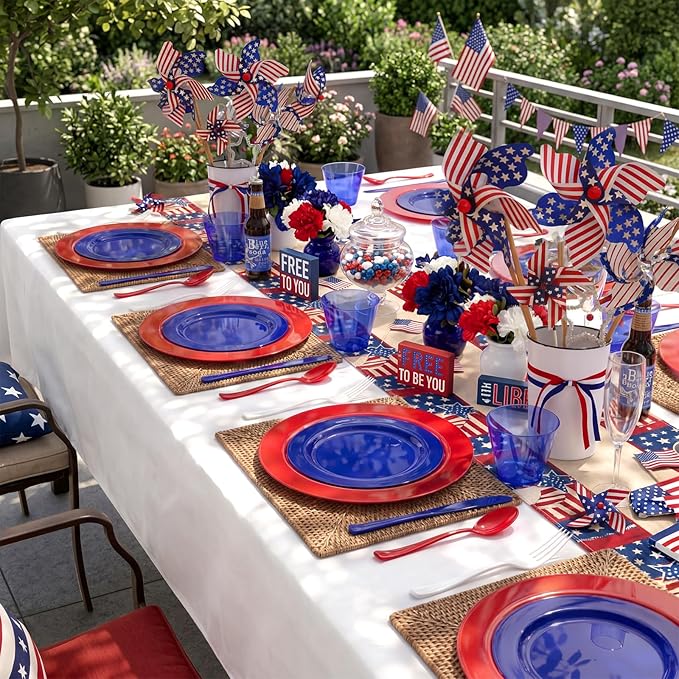 KIRE 150PCS 4th of July Plates & Red White Blue Disposable Plastic Silverware &Clear Blue Cups-American Flag Patriotic Party Supplies for Celebration Activities,Independence Day, Memorial Day