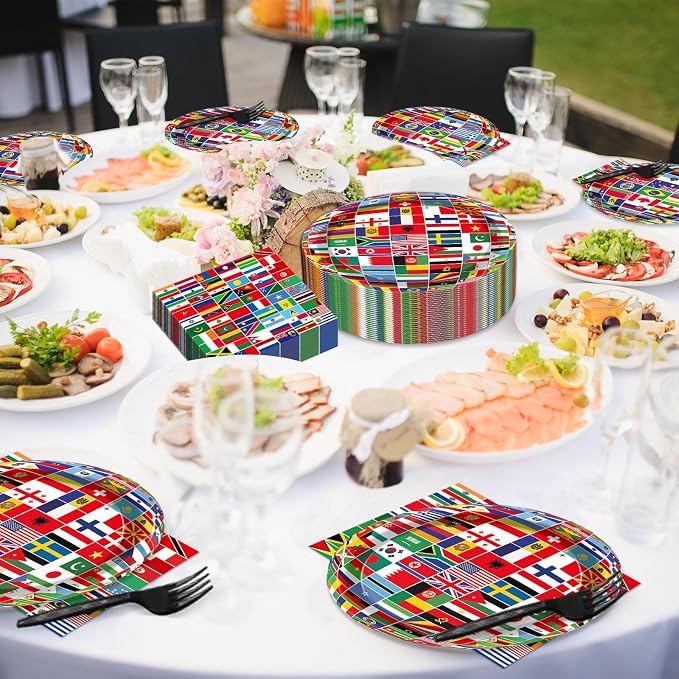 50 Guests International World Flags Party Supplies Decor Around The World Plates and Napkins Forks Travel Trip International Flags Tableware Country Paper Plates for Birthday Baby Shower Party 200PCS