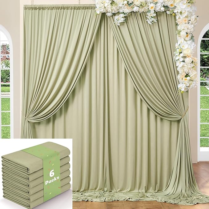 30ft x 10ft Wrinkle Free Sage Green Backdrop Curtains for Parties, Thick Polyester Photo Backdrop Drapes for Wedding Birthday Party Photography Background, 6 Panels 5x10ft