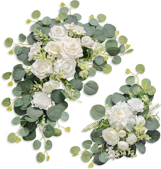 Odouzy Artificial Wedding Arch Flowers for Wedding Sign,Set of 2 for Wedding Welcome Ceremony Sign,Faux Floral Swags,Wedding, Banquet and Reception Backdrop Floral Decoration (White)