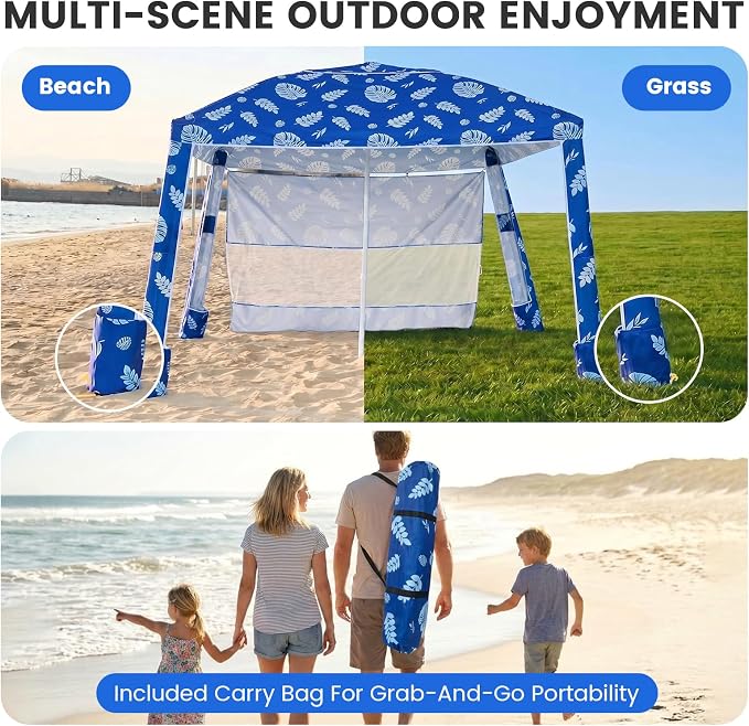 Zeraty Beach Cabana 8'×8', Portable Beach Canopy with Side Wall, UPF 50+ Silver-Coated Beach Tent Sun Shelter Easy Pop Up, Wind Resistant Adjustable Height Beach Umbrella Tent for Family, Coastal