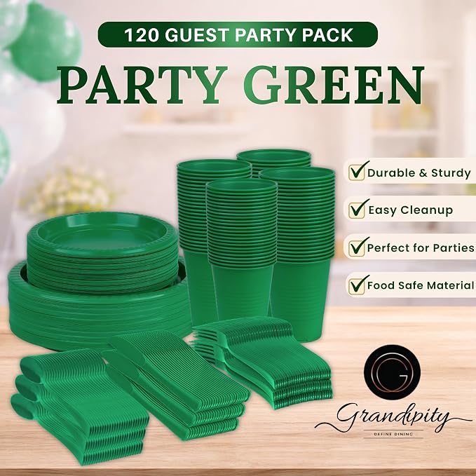 Grandipity 720 Piece Green Disposable Dinnerware Set, Plastic Dinnerware Set Includes 120 Count 9' Dinner Plates, 7' Dessert Plates, 12oz Cups, Forks, Knives & Spoons