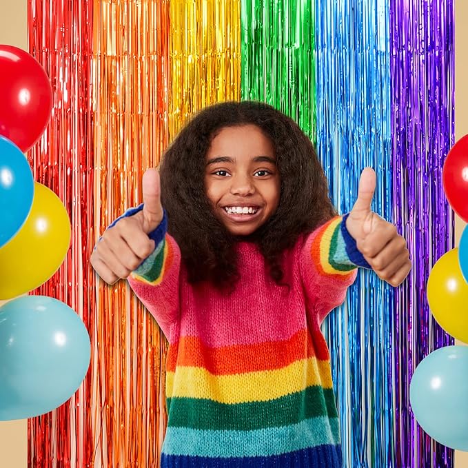 LOLStar Rainbow Photo Booth Props 4 Packs Rainbow Party Decorations 13.2x6.6 ft Foil Fringe Curtains Tinsel Metallic Streamers Holiday Backdrop for Birthday Easter Engagement Bridal Shower Pride