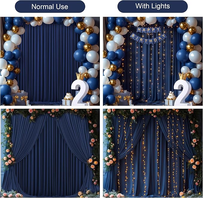 Navy Blue Backdrop Curtains with Lights for Parties,10x10FT Wrinkle Free Wedding Photo Backdrop Curtains for Baby Shower Birthday Graduations Home Party Decorations-5ft x 10ft