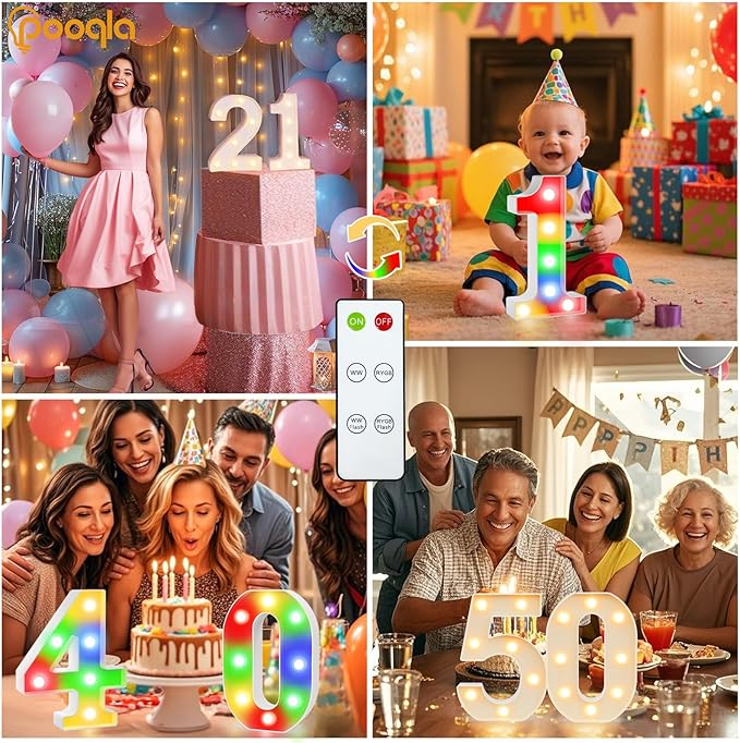 Pooqla 13th Birthday Decoration for Girls Boys, Decorative LED Light Up Numbers, Marquee Numbers 13 Sign for Party Backdrop 13th Wedding Anniversary Decor Gift, Warm White and Colorful Number 13