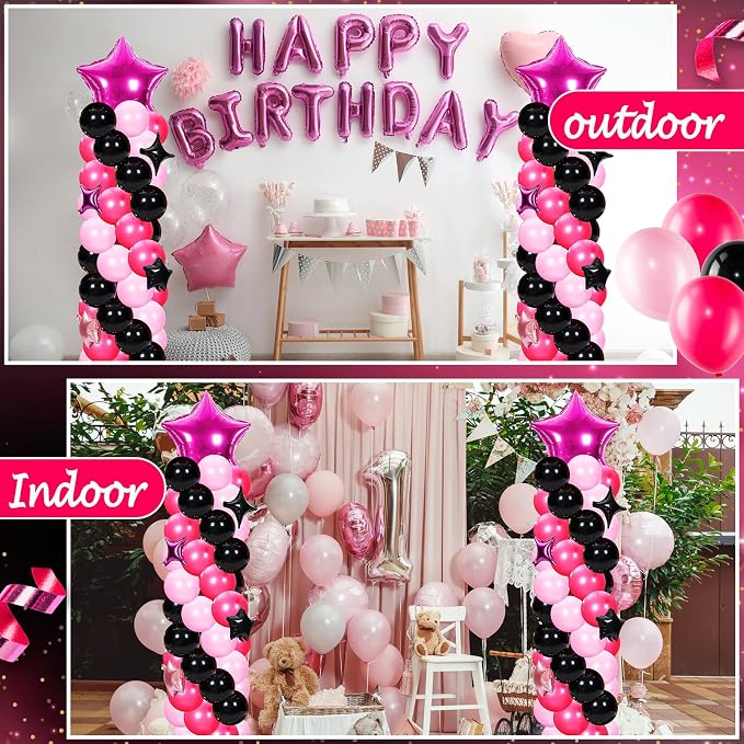 Gejoy 110 Pcs Pink Rose Red Black Balloons Column Stand Kit Adjustable Tower Stand from 1.4 to 6.6 ft with Bases for Back to School Wedding Birthday Baby Shower Party