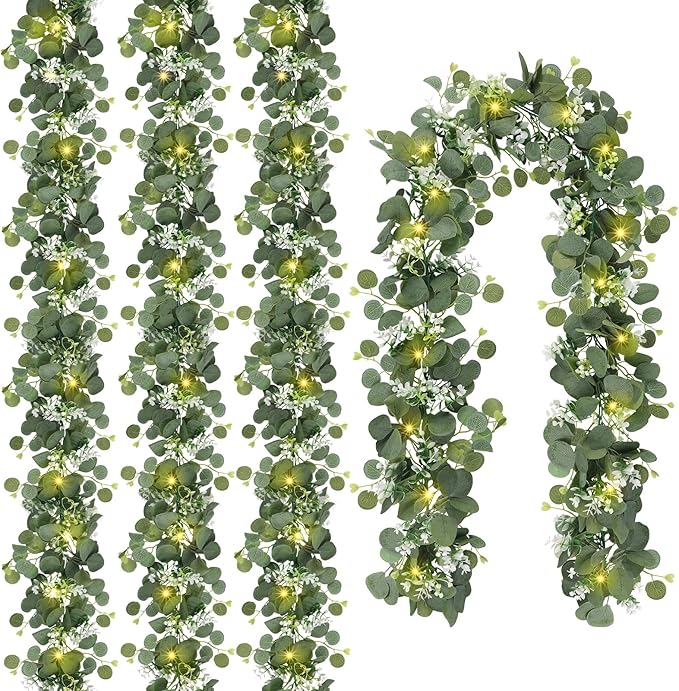 N&T NIETING 4 Pack Artificial Eucalyptus Garland with Lights, 6FT Artificial Greenery Garlands, Battery Operated Twig Vine for Room Stairs Mantle Wedding Holiday Mothers Day Decoration Indoor Outdoor