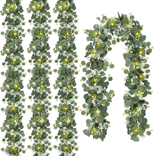 N&T NIETING 4 Pack Artificial Eucalyptus Garland with Lights, 6FT Artificial Greenery Garlands, Battery Operated Twig Vine for Room Stairs Mantle Wedding Holiday Mothers Day Decoration Indoor Outdoor