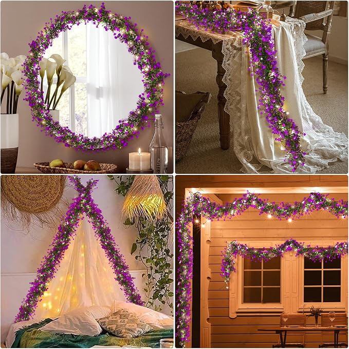 RECUTMS Artificial Garland Greenery Hanging Spring Lighted Garland Artificial Vine Plants Spring Eucalyptus Vine with Lights for Indoor Outdoor Home Wedding Mantel Party Kitchen Decor(Fuchsia)
