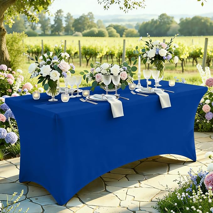 Moosfor Spandex Elastic Fitted 8FT Rectangle Tablecloth 6 Pack, Stretch Washable Reusable Table Cover for Outdoor Picnic, Dining, Wedding, Banquet & Party Events (Blue, 96Lx30Wx30H Inch)