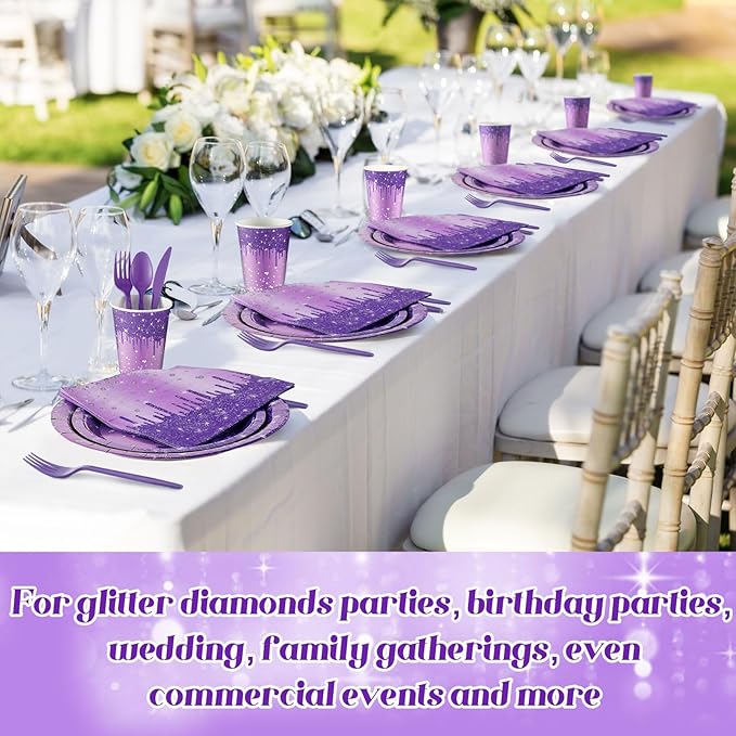 400 Pcs Purple and Silver Birthday Party Supplies Disposable Paper Plates Purple Glitter Diamonds Napkins and Cups for Women Birthday Anniversary Wedding Party Decorations Supplies