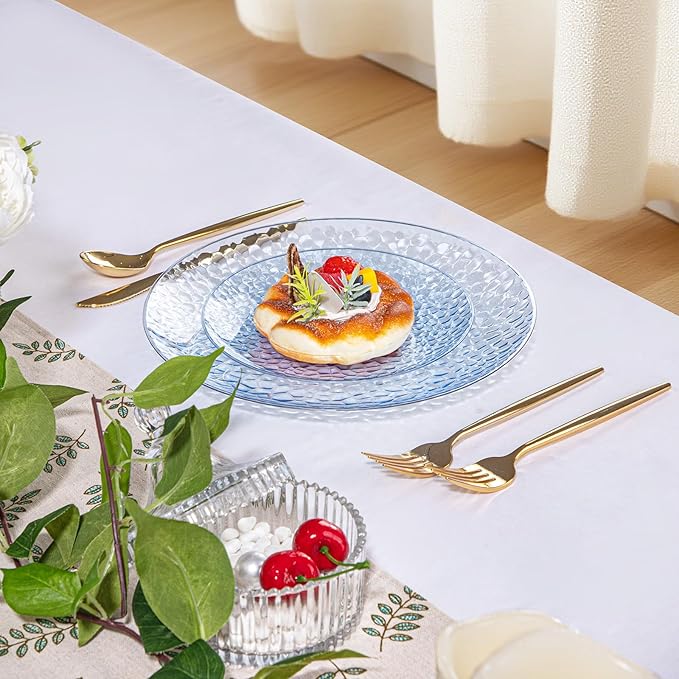Rubtlamp 100 Pcs Blue Plastic Plates,Heavy Duty plastic Plates,Fancy Blue Disposable Plates, Hammered Plastic plates Include 50 Pcs Dessert Platos, 50 Pcs Dinner Platos for Party