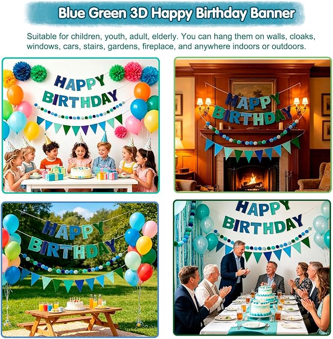Pre-Strung 3D Happy Birthday Banner, 3 PCS Felt Reusable Birthday Decorations Set with Happy Birthday Letter Banners, Pom Pom Garland, Triangle Fabric Bunting, Blue Green Party Decor Sign Photo Prop