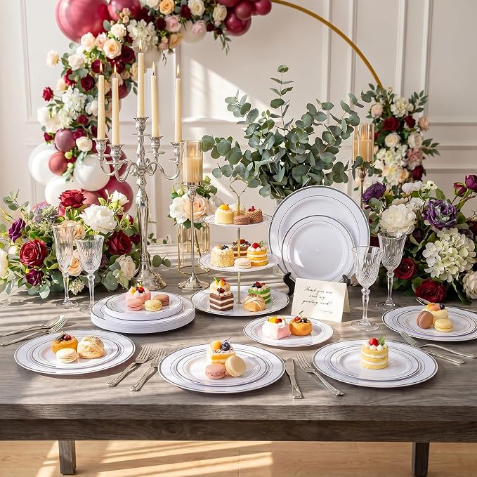 I00000 100pcs Silver Plastic Plates, Disposable Plastic Party Plates with White Silver Rim Fancy Wedding Party Plates Include 50 Dinner Plates 10.25" and 50 Dessert Appetizer Plates 7.5"