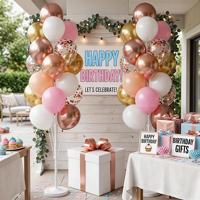 Set of 2 Balloon Column Kit with Nude&Pastel Pink&Metallic Gold White Balloons, Base and Pole - DIY Balloon Tower Stand for Party Decorations, Wedding Backdrop, Birthday, Bridal Shower