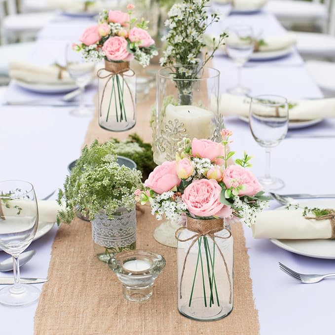 Zeyune 6 Sets Mason Jar Table Centerpiece with Artificial Peony Baby's Breath Flower Centerpieces Faux Flowers with Rope for Wedding Reception Engagement Bridal Shower Rustic Table Decor(Light Pink)