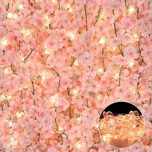 Sunm Boutique 4 Pcs Total 23.6 Ft Artificial Cherry Blossom Flowers, Faux Lighted Cherry Blossom Garlands, Fake Cherry Blossom Hanging Silk Flowers Garlands Vines for Home Wedding Party Decor, Pink