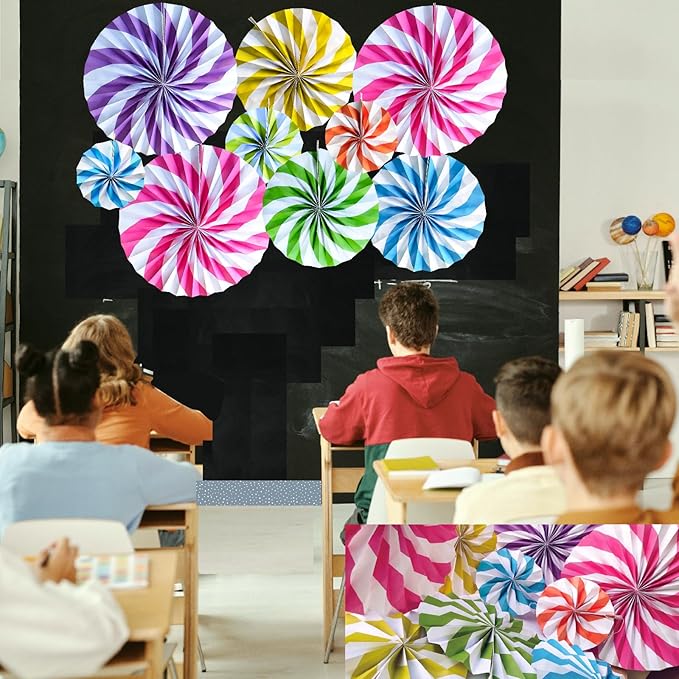 9Pcs Candyland Party Decorations Candy Paper Fans Hanging Background Wall Lollipop Candy Fans for Garland Ceilings Classroom Decoration Wedding Candyland Themed Birthday Party Supplies