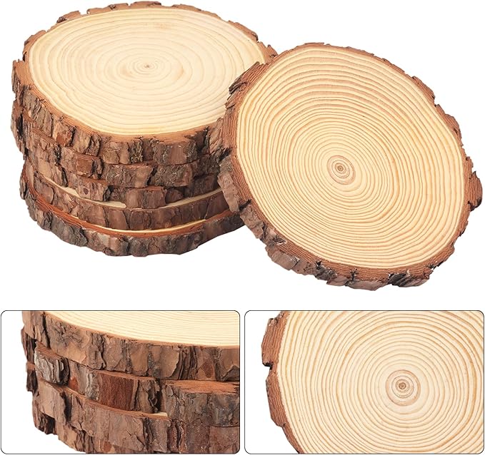 12 PCS 6.3-7.1 Inch Natural Wood Slices, Unfinished Pine Wood Circles with Barks for Coasters, DIY Crafts, Christmas Rustic Wedding Ornaments and Centerpieces,by GNIEMCKIN.