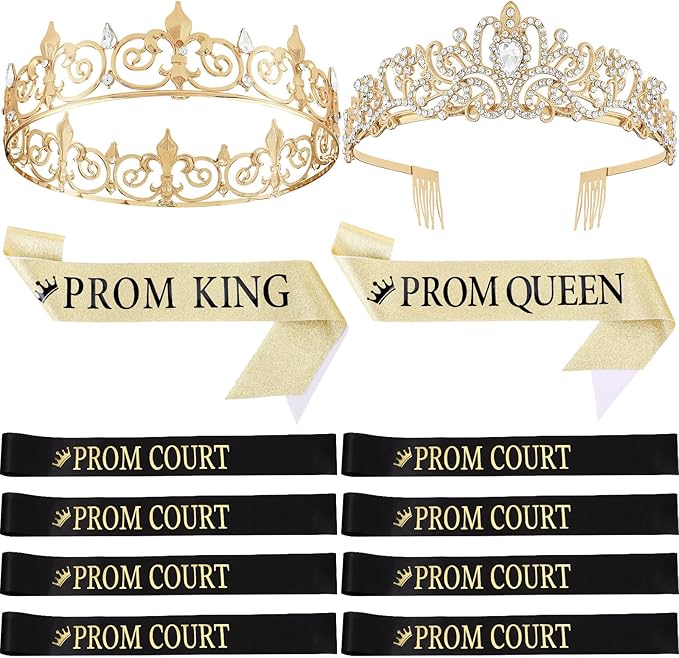 Saintrygo 12 Pcs Prom Crown and Sash Set, Prom King and Queen Tiara Rhinestone Crown Glitter Court Royal Satin Sash for 2026 Graduation Ball Dance Night Party Birthday Accessory(Gold,Stylish)