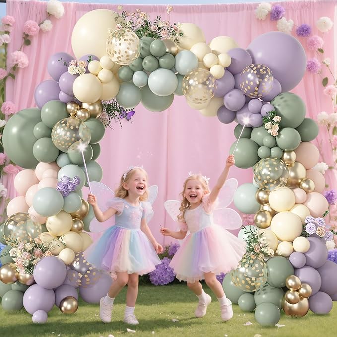 Amandir 173Pcs Dusty Green Purple Pink Balloon Arch Garland Kit, Lavender Pastel Blush Pink Yellow Mist Green Gold Confetti Balloons for Easter Shower Wedding Tea Wildflower Birthday Party Decorations