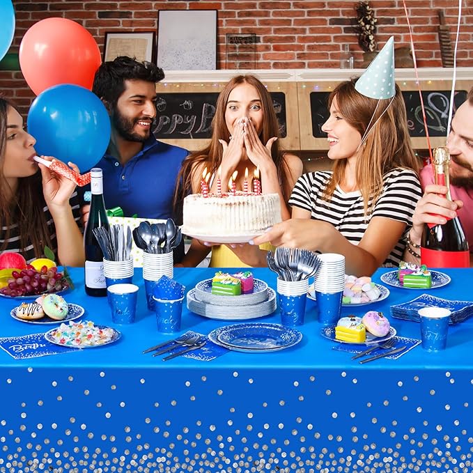 352 Pcs Blue and Silver Birthday Party Tableware Set for 50 Guests Silver Dot Paper Plates Cups Napkins Plastic Tablecloths Forks Knives Spoons Blue Party Supplies for Birthday Wedding Decorations