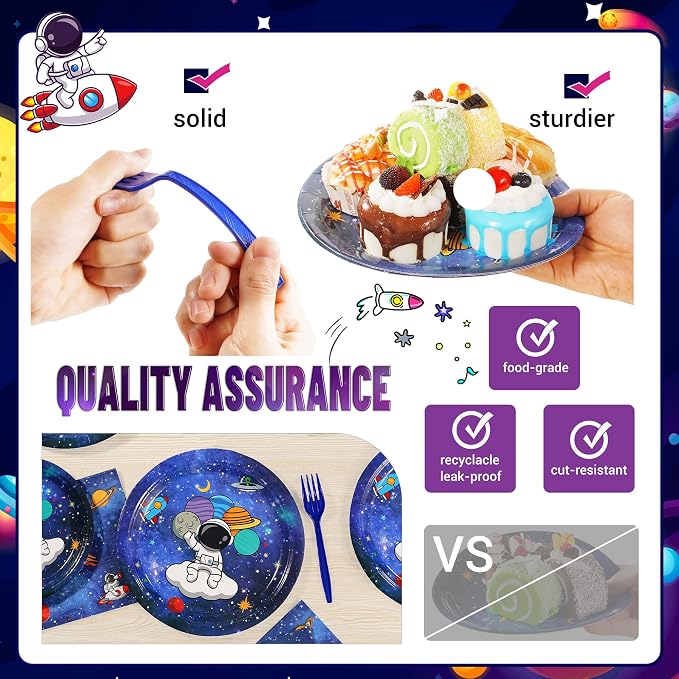 SCIONE 96 Pcs Space Theme Birthday Party Decorations Supplies Galaxy Party Tableware Set for 24 Guests Includes 24 9" Plates, 24 7" Plates, 24 6.5" Napkins, 24 Blue Forks