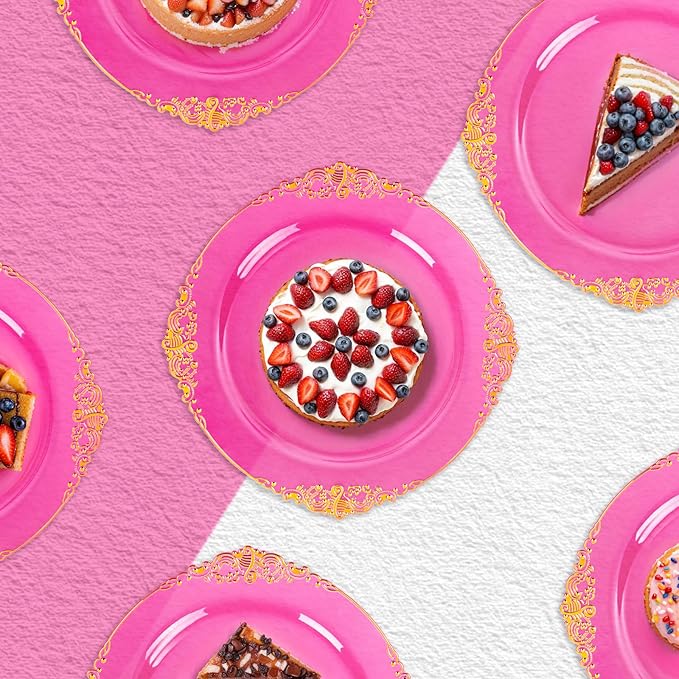 102PCS Clear Hot Pink Plastic Plates - Pink Disposable Plate with Gold Rim - Hot Pink Party Plates Include 51PCS 7.5inch Dessert & 10.25inch Dinner Plate for Wedding Birthday Party Mother’s Day