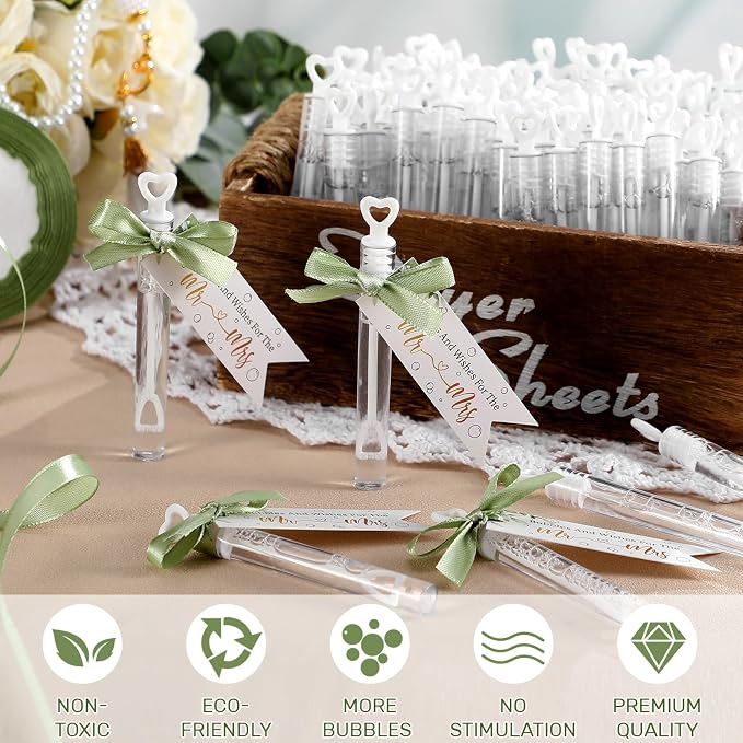 405 Pcs Wedding Send Off Bubble Ideas Set Include Heart Bubble Wands Gift Tags Cards Wood Photo Frame Ribbons Wedding Send Off Party Favors for Guests(Sage Green)