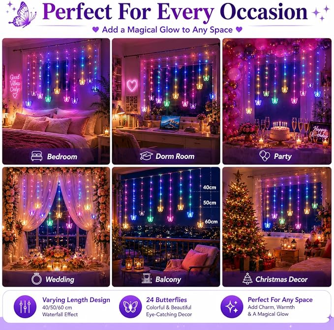 Butterfly Curtain Fairy Lights USB Plug in,8 Modes 120 LED 20FT Firefly Twinkle Timer String Lights with Remote for Bedroom Patio Christmas Wedding Party (Multi-Colored(Pink))