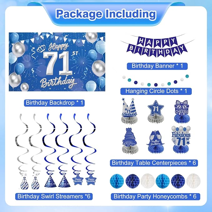 Happy Birthday Party Decoration Set: Including Birthday Banner Backdrop, Party Table Centerpieces and Hanging Swirl Party Streamers, Birthday Decor Suppliers for Men and Women (Blue, 71st Birthday)