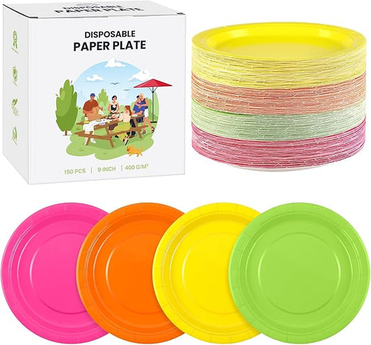 Kochorie 150 Pieces Neon Disposable Paper Plates 9 Inch Heavy Duty Dinner Plates, Solid Color, Table Decorations Party Supplies for Birthdays, Weddings, Daily Use