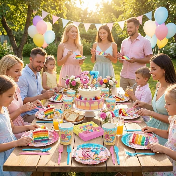 152PCS 6 7 Meme Birthday Party Supplies,I Was 6 Now I'm 7 Birthday Decorations Tabware Set,Include Plates Napkins Cups,Knife, Fork,Boys Girls 6th 7th Birthday Party Decor,Serves 20 ﻿