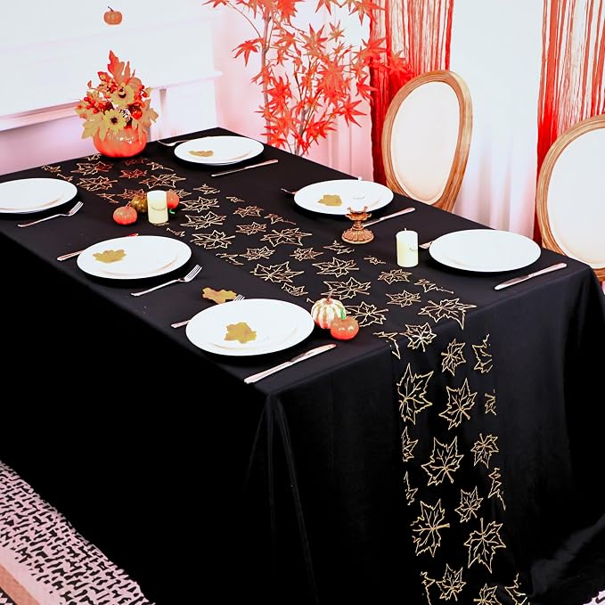 Snowkingdom Fall Table Runners, Gold Maple Leaves Thanksgiving Table Decorations for Autumn Harvest Sequin Glitter Lightweight Black Thin Mesh Sparkle Farmhouse Dining Party Decor 120 Inch