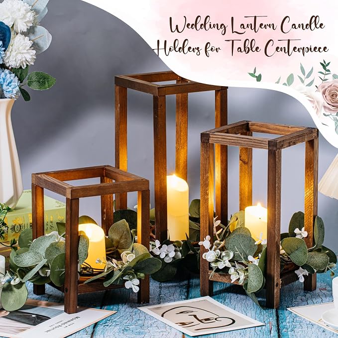 Sliner 24 Pcs Wedding Lantern Centerpiece Set Include 12 Rustic Wooden Candle Lantern 12 Flameless LED Candle for Wedding Party Baby Shower Table Fireplace Farmhouse Home Decoration(Brown)