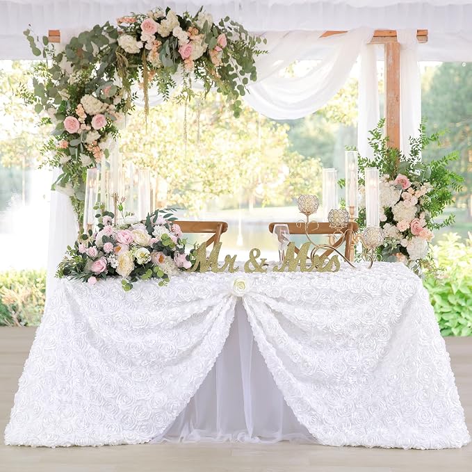Fanqisi Rosette Tablecloth White 50x80 Inches Rectangular 3D Floral Satin Rosette Fabric Table Cover Grandiose Wedding Party Baby Shower Decorations