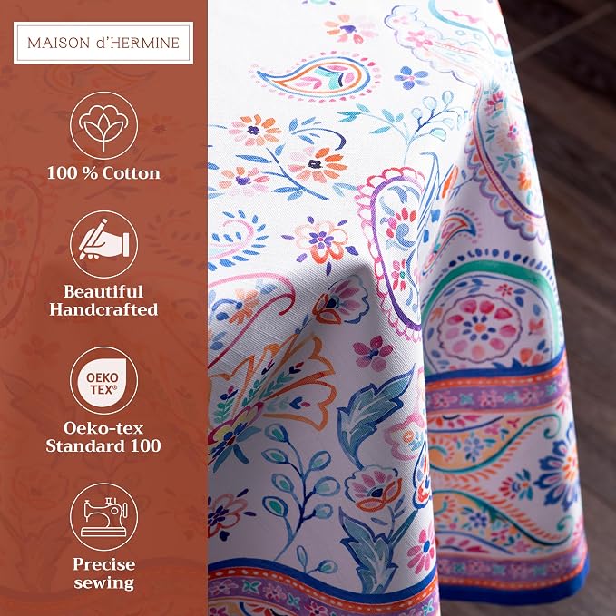 Maison d' Hermine Table Cloth Round Table 100% Cotton 63 Round Inches Tablecloth Reusable Decorative for Dining Kitchen Room Farmhouse Party Home Hotel Restaurant Spring Summer - Indian Floral